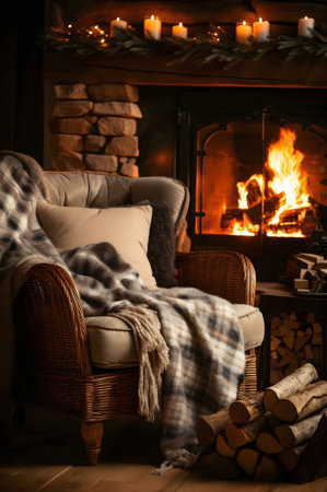 A cozy armchair with a warm blanket sits near a crackling fireplace, creating a relaxing winter scene.の写真素材