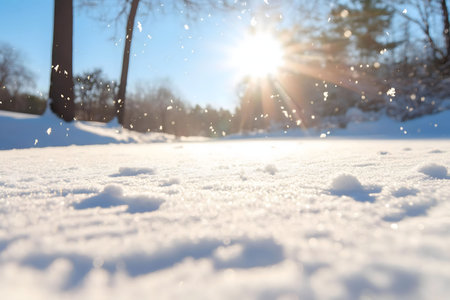 A mesmerizing winter scene featuring falling snowflakes bathed in sunlight. The snow-covered ground sparkles under the radiant sunの写真素材