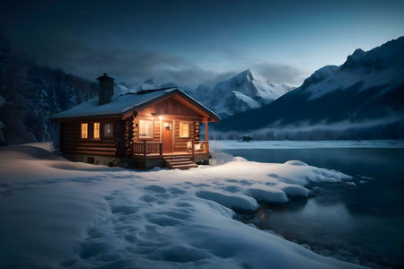 A cozy illuminated cabin nestled in a snowy mountain landscape near a tranquil lake at night. The scene is serene and peaceful.の写真素材