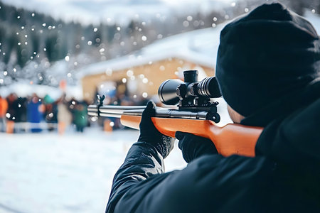 A biathlete in winter, aiming rifle at snowy range.の写真素材