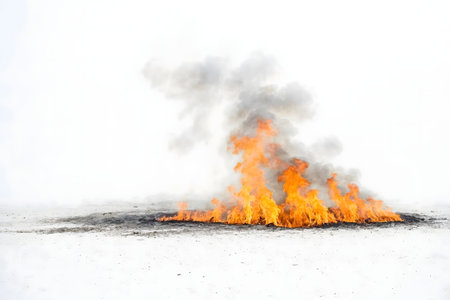 A patch of fire burns intensely on a snowy ground, creating a stark contrast between the fiery orange and the cold white. Smoke billows dramatically.の写真素材