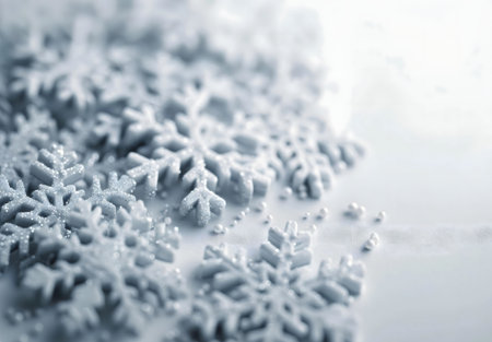 Close-up of many sparkling silver snowflakes, creating a wintery scene.の写真素材