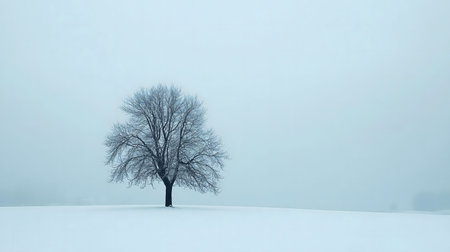 A single, leafless tree stands alone in a snowy field, shrouded in a light mist. The scene is...