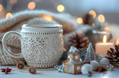 A white ceramic mug with embossed design sits on a table among Christmas decorations, creating a cozy winter scene.の写真素材