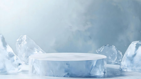 A pristine ice platform, surrounded by glacial ice chunks, sets a cold, wintery scene perfect for...