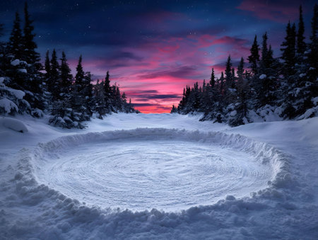 Breathtaking winter sunset over a snow-covered forest with a unique circular snow track. Serene and magical atmosphere.の写真素材