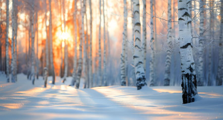 Stunning sunset illuminating a snowy birch forest. Peaceful winter scene.の写真素材