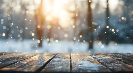 A rustic wooden table covered in snow, set against a blurred winter forest background. Magical bokeh and falling snow create a serene winter scene.の写真素材