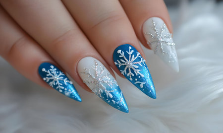 Close-up shot of elegant winter nail art featuring blue and white snowflakes.の写真素材