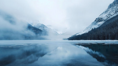 A breathtaking winter scene of snow-capped mountains reflected in a still, icy lake, shrouded in a peaceful, misty atmosphere.の写真素材