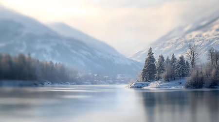 A breathtaking winter scene. A tranquil lake reflects snow-capped mountains and frozen trees under a soft, light sky.の写真素材