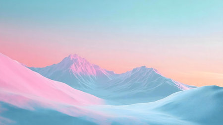A digital illustration of a serene, pastel-colored mountain range at sunset. The scene evokes a...