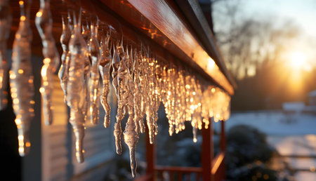 Stunning icicles glistening in the golden sunset light. A perfect winter scene.の写真素材