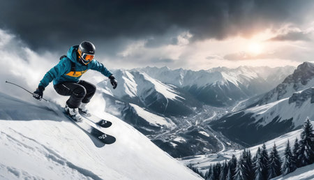 A skier enjoys a thrilling descent down a snowy mountain, with a stunning view of an alpine village in the background.の写真素材
