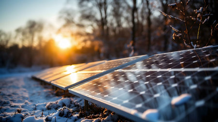 Solar panels gleam in the winter sunset, showcasing clean energy against a snowy backdrop.