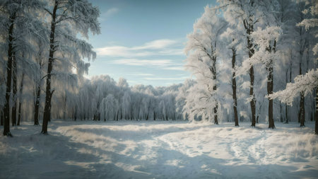 A breathtaking winter scene of a snow-covered forest path. The trees are adorned with frost, creating a magical atmosphere.の写真素材
