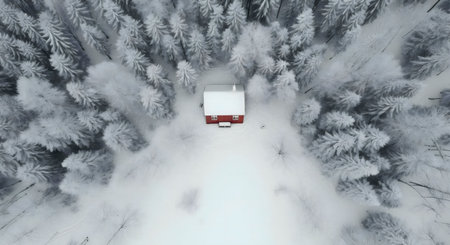 An aerial shot of a small red cabin nestled amongst snow-covered trees in a winter wonderland.の写真素材