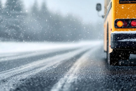 A yellow school bus drives on a snowy road during a winter storm. The scene is cold and snowy.