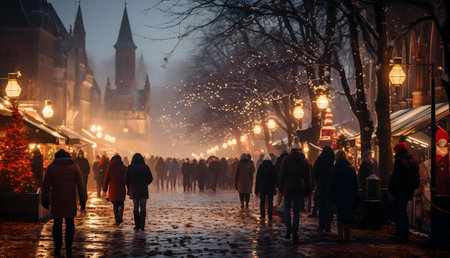 A magical Christmas Eve scene in a European city, filled with festive lights and joyful people.の写真素材