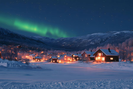 Illuminated village nestled in snowy mountains under a vibrant aurora borealisの写真素材