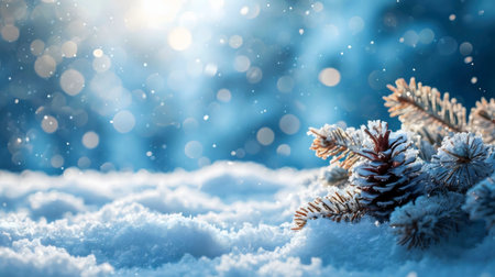 A serene winter scene featuring a snow-covered pine cone and branches. Peaceful and magical.の写真素材