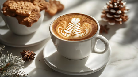 Warm winter latte art with gingerbread cookies and pine cones. Cozy holiday coffee scene.の写真素材