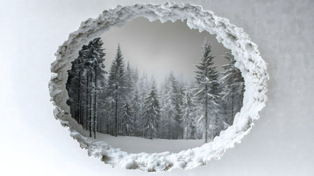A magical winter scene of a snow-covered forest is revealed through a hole in a white wall, creating a captivating contrast.の写真素材