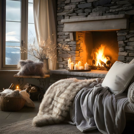 A warm and inviting scene of a cozy living room with a fireplace, lit candles, and soft blankets.の写真素材
