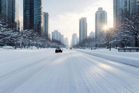 A snowy city street, cars driving on a snow-covered road with skyscrapers in the background, and the sun shining brightly in the sky.の写真素材