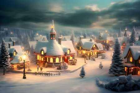 A picturesque Christmas village covered in snow, glowing with warm lights. Festive and magical atmosphere.の写真素材