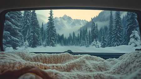 A breathtaking view of snow covered mountains and forest seen from inside a cozy car, wrapped in a warm blanket. Winter road trip.の写真素材