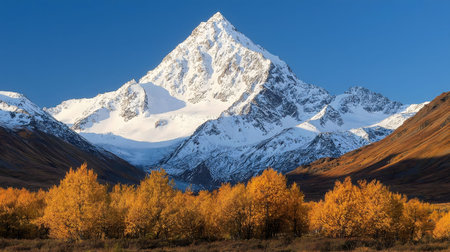 A stunning view of a snow-capped mountain peak in an autumnal setting. The golden trees and blue sky...