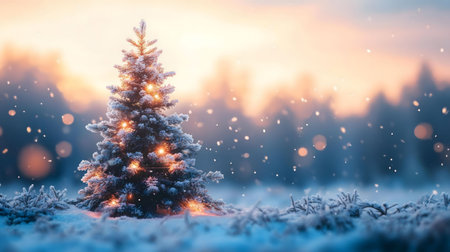 A snow-covered Christmas tree glows at sunset. Winter magic.の写真素材