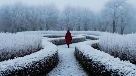 A woman in a red coat walks a snowy path through a frosty maze. Winter's serenity.の写真素材