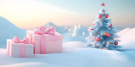Pink presents sit beside a snow-covered Christmas tree in a winter wonderland.
