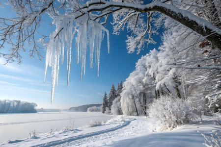 Stunning winter scene with a frozen lake, snow-covered trees, and glistening ice. Serenity and beauty captured in a single frame.の写真素材