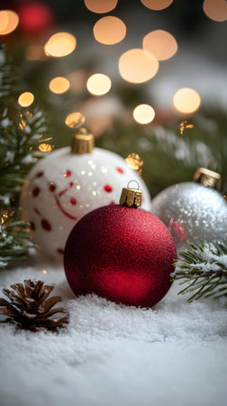 Close-up of red, white, and silver Christmas ornaments nestled in snow, with festive lights in the background.の写真素材