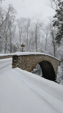 A picturesque stone bridge covered in snow, surrounded by winter trees. Serene and peaceful winter scene.の写真素材