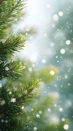 A close-up view of a pine branch adorned with snowflakes, set against a softly blurred winter...
