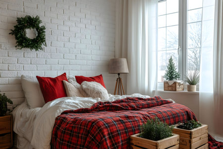 A cozy bedroom decorated for Christmas. Red plaid bedding, white brick wall, and festive decorations create a warm and inviting atmosphere.の写真素材