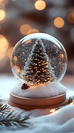 A captivating snow globe featuring a miniature Christmas tree illuminated with warm lights, creating...