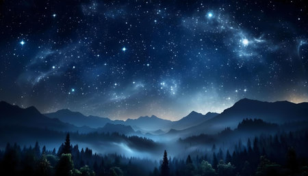 Misty mountain range at night, under a breathtaking starry sky. Peaceful and serene landscape.
