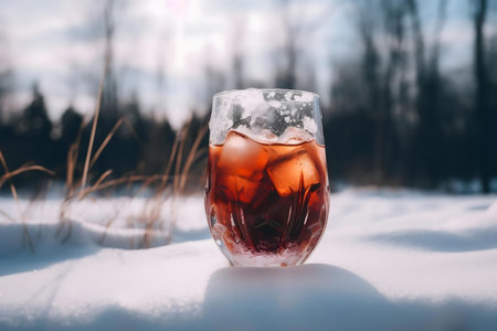 A glass of whiskey sits in the snow on a sunny winter day. The tranquil scene evokes feelings of warmth and peace.の写真素材