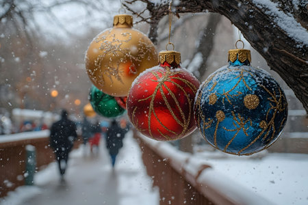 Three beautiful Christmas ornaments hanging from a snow-covered tree branch. A blurry city street scene in the background.の写真素材