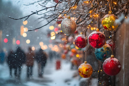 Christmas ornaments covered in snow hang from a tree branch in a snowy city street. Blurred lights create a magical atmosphere.の写真素材