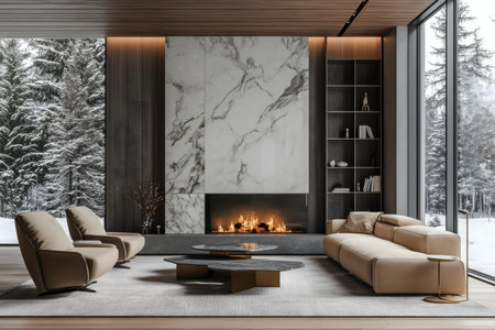 A luxurious modern living room featuring a marble fireplace, comfortable seating, and stunning winter scenery through large windows.の写真素材