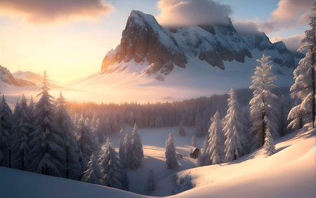 A breathtaking winter sunrise illuminates a snow-covered mountain range and serene forest.の写真素材