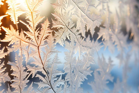 Stunning frost patterns on a window, creating a delicate winter scene. Sunlight illuminates the icy crystals.の写真素材