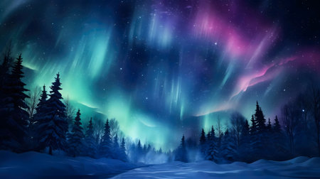 Magical aurora borealis illuminating a snowy forest at night. Breathtaking winter scene.の写真素材