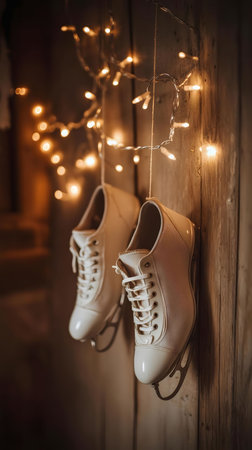 White ice skates hang on a rustic wooden wall, illuminated by warm fairy lights, creating a cozy winter scene.の写真素材